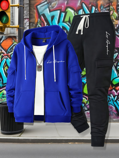 Men's Casual Zip Hoodie and Loose Cargo Pants Set - Breathable Polyest