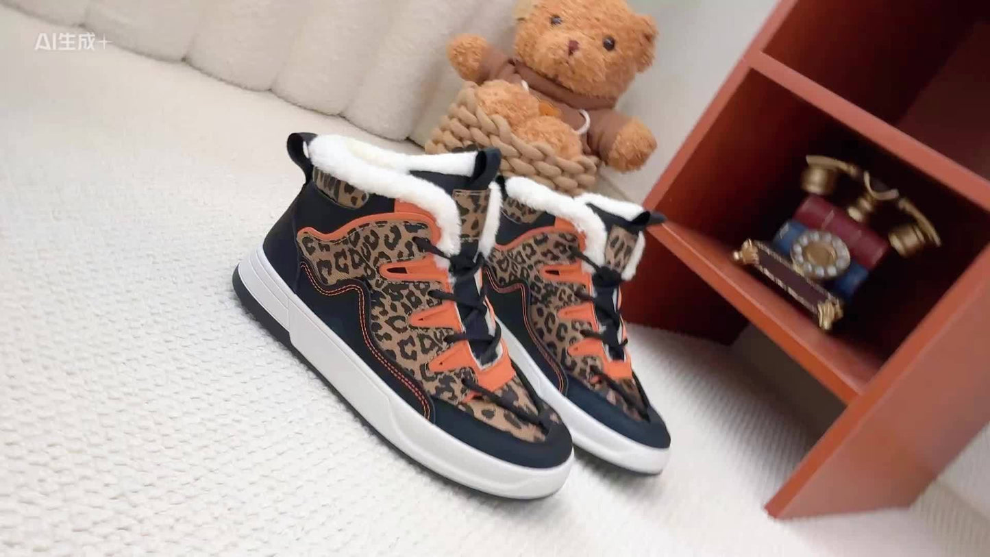 Women'S Stylish Leopard Print Winter Sneakers - Warm Fleece-Lined Casual Shoes with Thick PVC Sole, Black & Orange Design, Perfect for Fall/Winter Outdoor Activities, Winter Sneakers | Leopard Print Shoes | Durable PVC Sole