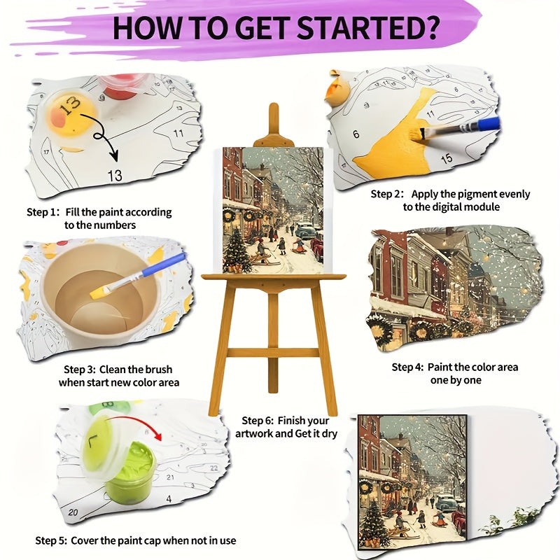 1pc Beginner DIY Adult Paint by Numbers Kit - Includes Acrylic Paints, Canvas, 3 Brushes & Instruction Manual | Winter Town Street Scene with Children Skiing and Snowboarding in a House Full of Decorations| 40x50cm/15.7x20in