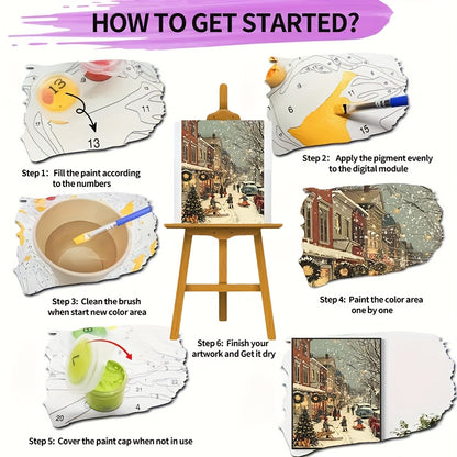 1pc Beginner DIY Adult Paint by Numbers Kit - Includes Acrylic Paints, Canvas, 3 Brushes & Instruction Manual | Winter Town Street Scene with Children Skiing and Snowboarding in a House Full of Decorations| 40x50cm/15.7x20in