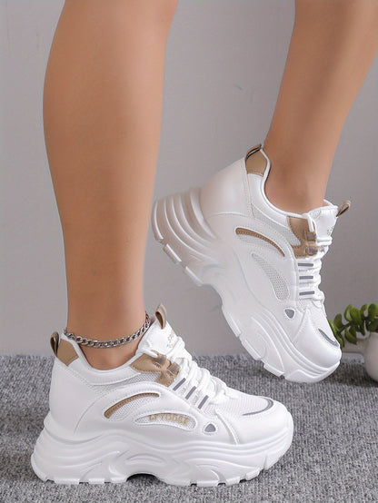 Women's Solid Color Mesh Sneakers, Lace Up Low-top Round Toe Heightening Thick Sole Trainers, Versatile Comfy Shoes