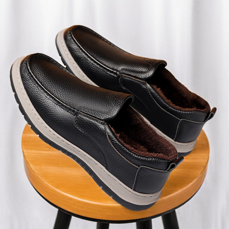 Men's Winter Warm Cowhide Boots - -Weather Traction Rubber Sole & Soft Fabric, Low-Top Short Boots Suitable for Daily Wear, Parties, - Fit for Fall/Winter (Boots Can Be Dressed up or)