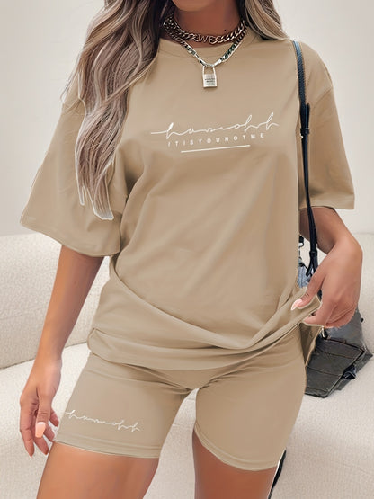 Women's Chic Lavender Letter Print Casual T-Shirt & Shorts Set - Comfy Polyester, Mid-Stretch Fabric, Round Neck, Machine Washable - Perfect for Spring/Summer