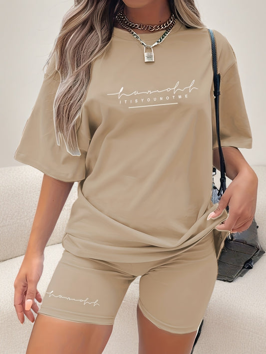 Women's Chic Lavender Letter Print Casual T-Shirt & Shorts Set - Comfy Polyester, Mid-Stretch Fabric, Round Neck, Machine Washable - Perfect for Spring/Summer