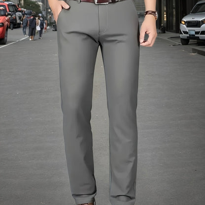 Men's Sleek Stretch Dress Pants - Solid Color Black, Comfort Fit with Subtle Stretch, Polyester Fabric, Mid-Rise, Machine Washable, Perfect for Business Casual & All-Season Wear, Business Casual Pants | Sleek Trousers | Easyc
