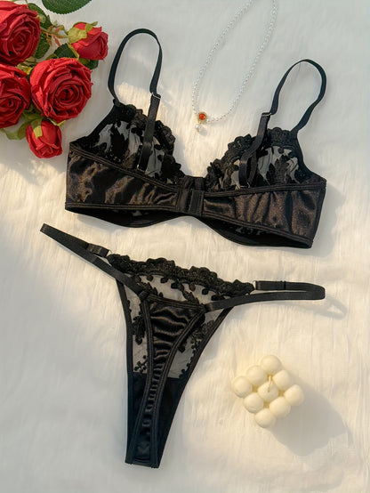Elegant Wine Red Embroidered Lingerie Set with Thong