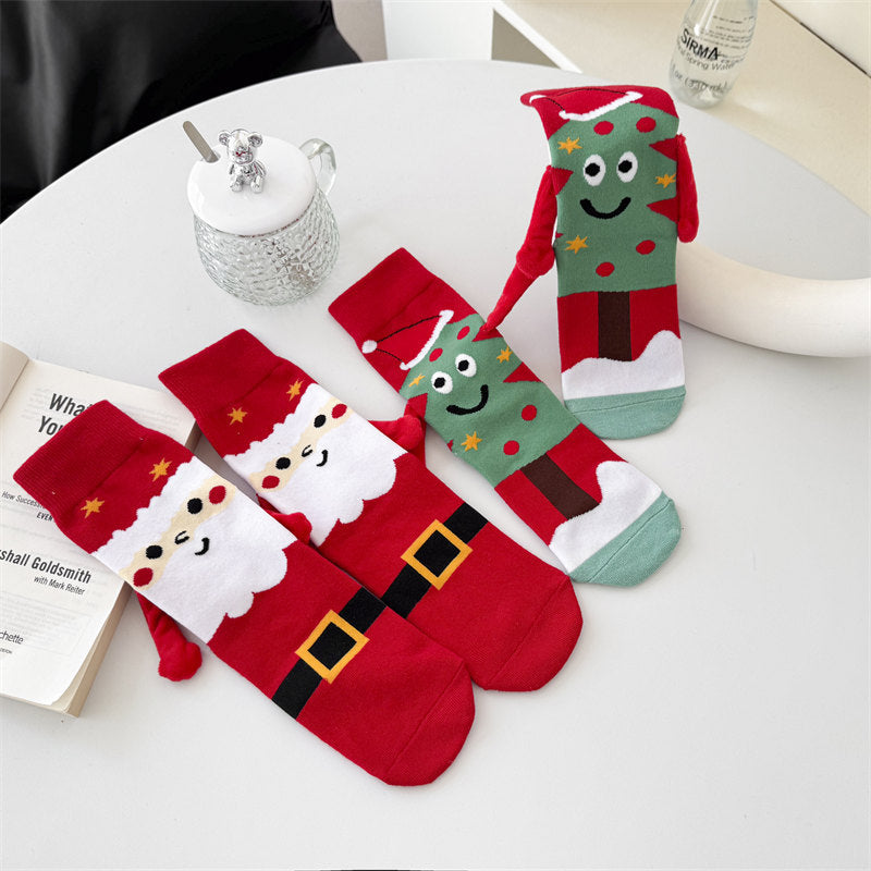 2-Pack Christmas Magnetic Holding Socks Women's Mid-Calf Socks(Tree, Santa) Winter Cute Couple Socks Unisex Meets Xmas, Halloween wear, warmth& gifting needs Magnetic, versatile Suitable for Xmas costumes, Halloween looks, wi