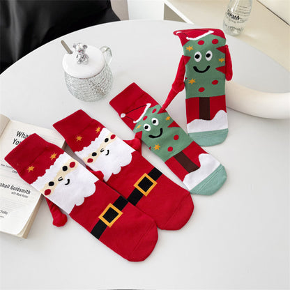 2-Pack Christmas Magnetic Holding Socks Women's Mid-Calf Socks(Tree, Santa) Winter Cute Couple Socks Unisex Meets Xmas, Halloween wear, warmth& gifting needs Magnetic, versatile Suitable for Xmas costumes, Halloween looks, wi