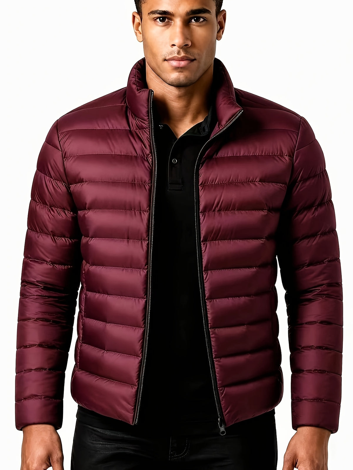 Men's Warm Winter Jacket with Stand Collar - Thick Polyester Coat