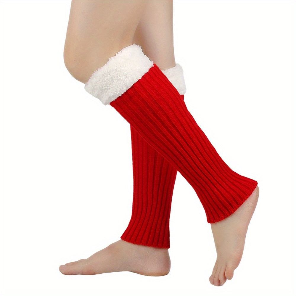 2pcs Women's Thermal Over-the-Knee (OTK) Leg Warmers & Footies - Thick Winter Warmth, Soft Fleece Lining, Red/White Cuff, Hand Washable, Snug Fit for Christmas, Casual & Formal Outfits - Ideal for Cold Weather & Layering, Sol