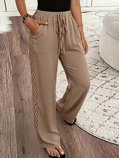 Women's Casual Straight Leg Polyester Trousers with Ruffle Detail