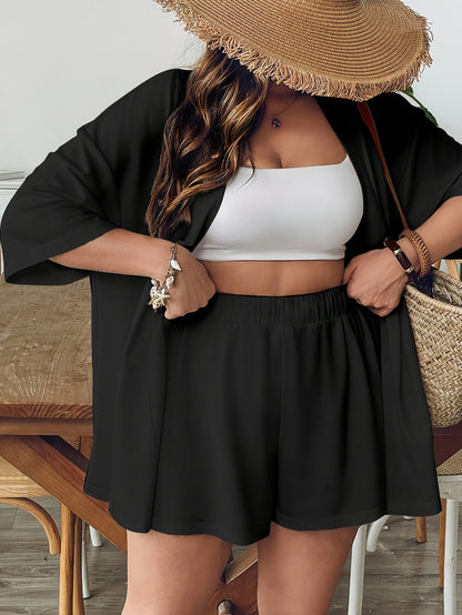 Plus Size Women's Black Casual 2-Piece Set with Cardigan & Shorts