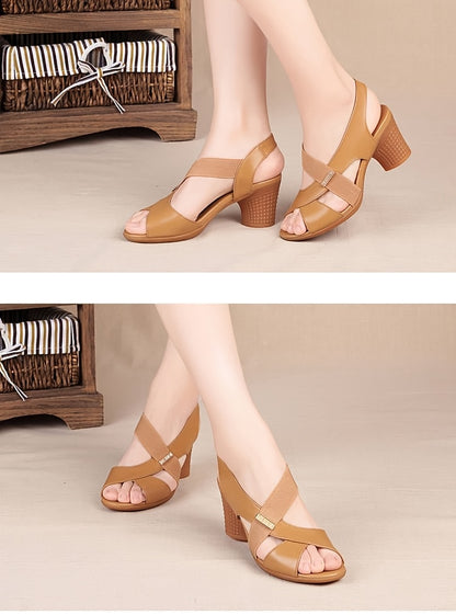 Elegant Tan Peep-Toe Women's Sandals - Comfortable Mid-Heel, Casual Summer Shoes with Chunky Heel, Faux Cover Straps & Non-Slip Rubber Sole for Casual Attire, High Heel Sandals