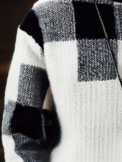 Տղամարդու կլոր վզնոցով սվիտեր, աշնանային և ձմեռային նոր ոճեր, նորաձև և բազմակողմանի, դիմացկուն, հաստ և տաք, երկար թևքերով, վանդակավոր նախշերով, մաշկին հարմար, հարմարավետ, փափուկ, երիտասարդական և նորաձև, նեղ չափսերով, նորաձև, գործնական