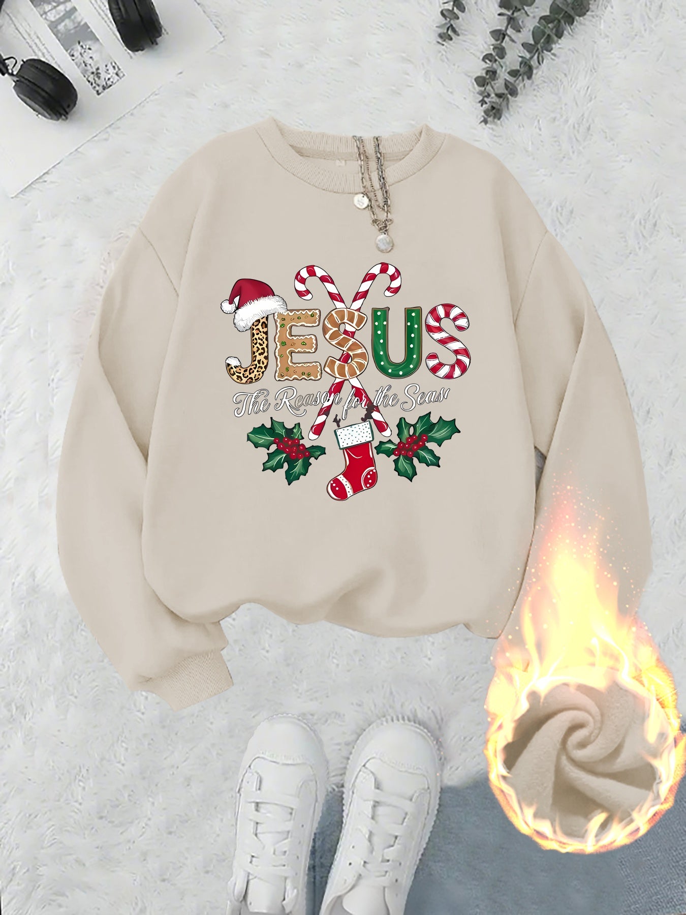 Women's Fleece-Lined Round Neck Pullover Sweatshirt - "JESUS" Christmas Print, Comfortable Loose Fit for All Seasons, Festive Holiday Design Casual Top