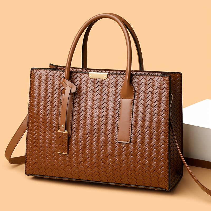 Large Woven Ladies Handbag with Removable Strap and Metal Buckle