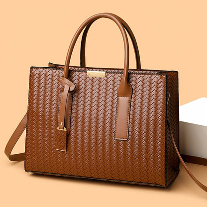 Large Woven Ladies Handbag with Removable Strap and Metal Buckle