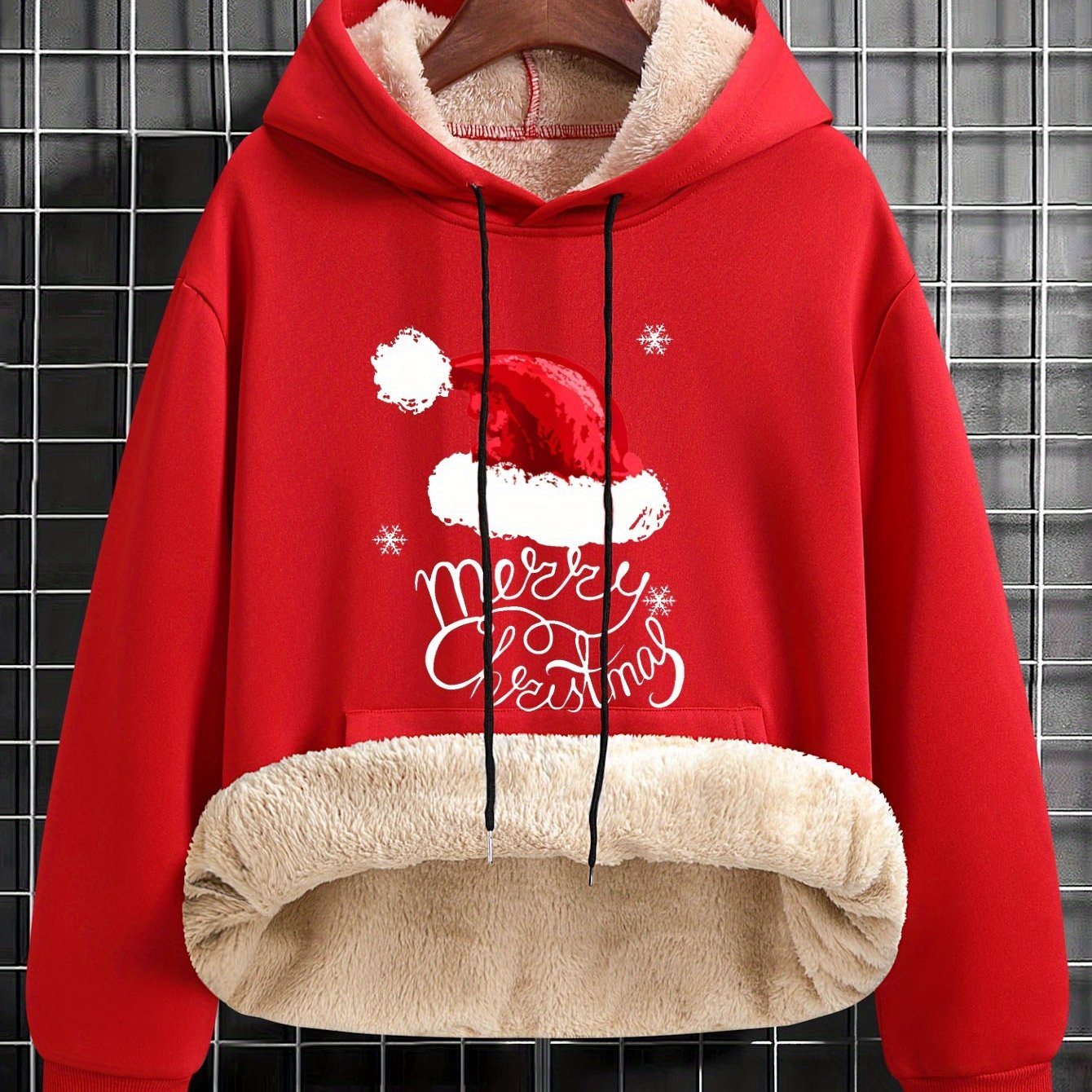 Men's Red Hooded Christmas Sweater with White Fur-like Collar & Golden Trim - Long Sleeve Loose Fit Casual Pullover, Machine Washable Winter Warmth for Holiday Parties, New Year's Eve & Winter Events - Festive Sweater for Men