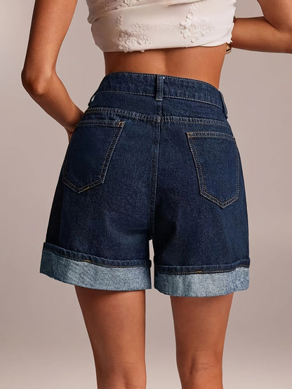 Women's Straight Cut Denim Shorts with A-Line Hem - High Stretch