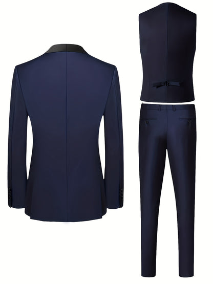 Men's 3-Piece Polyester Suit with Vest and Pants, Formal Workwear