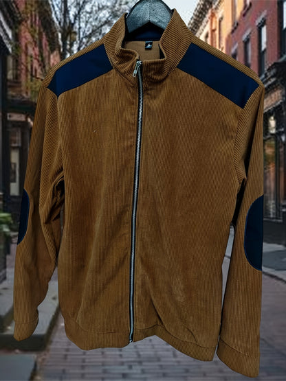 Men'S Long Sleeve Patchwork Fashion Warm Jacket, Corduroy Long Sleeve Warm Coat with Zipper Stand Collar Long Sleeve Casual Comfortable Autumn and Winter Style