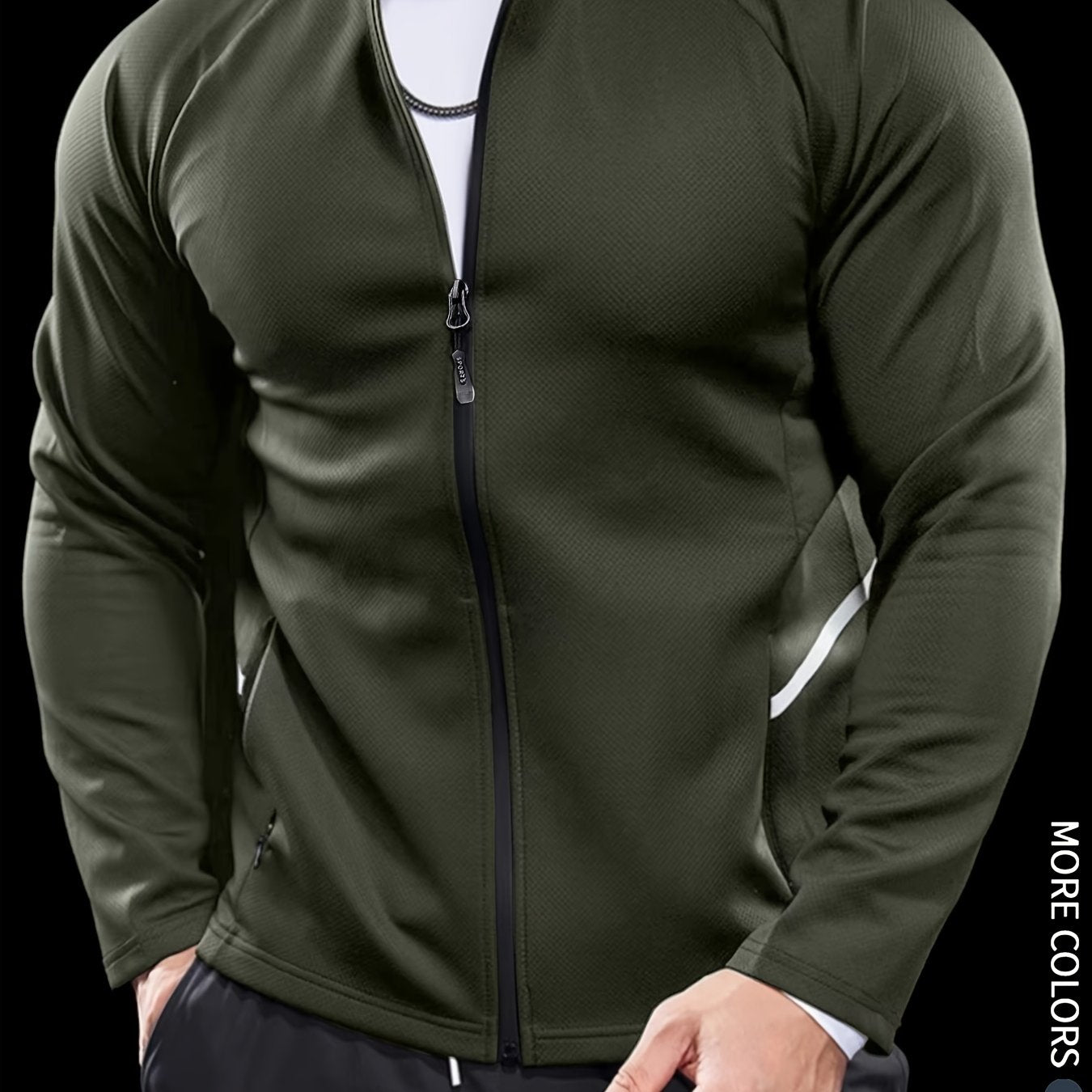 Men'S Slim Fit Quick-Dry Zip-Up Jacket - Lightweight Comfort Fabric, Stand Collar, Long Sleeves for Running & Outdoor Activities, Olive Green, Fall/Winter Casual Sportswear, Sportswear | Sleek Design | Durable Sportswear
