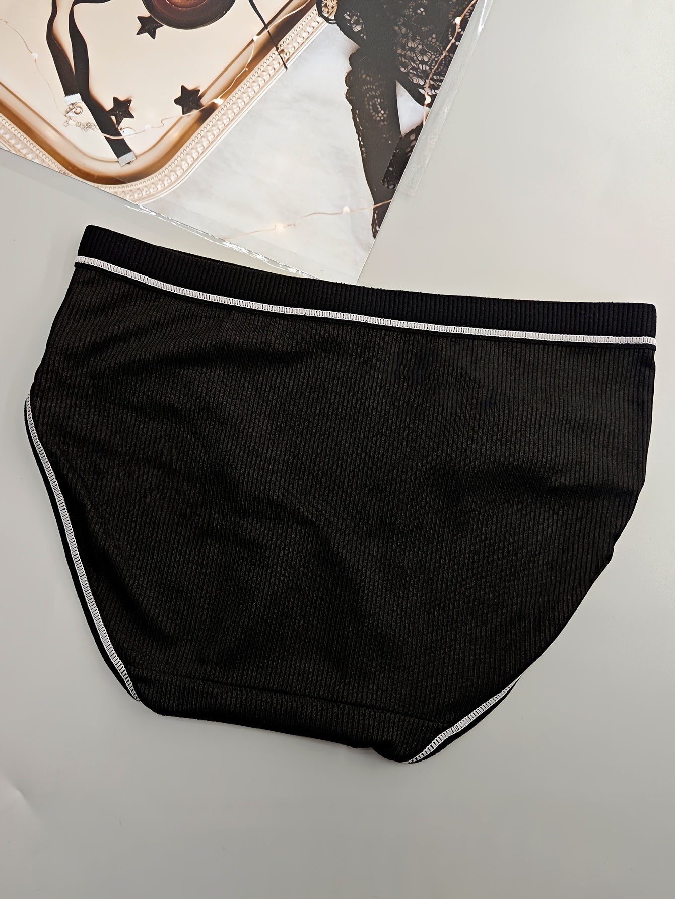 5pcs Chic Black Mid-Rise Women's Briefs with Cute White Bow Detail - Comfortable, Breathable & Sexy Ribbed Polyester Blend Panties, Hand Washable