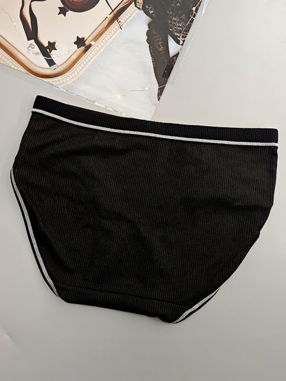 5pcs Chic Black Mid-Rise Women's Briefs with Cute White Bow Detail - Comfortable, Breathable & Sexy Ribbed Polyester Blend Panties, Hand Washable