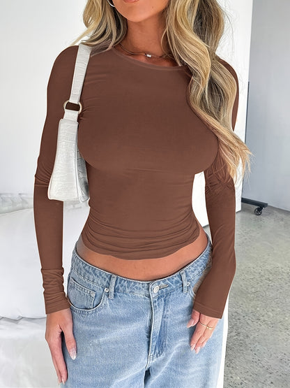 Women's Y2K Style Solid Color Crew Neck Long Sleeve T-Shirt, Polyester Knit Fabric, Skinny Fit, Short Length Pullover for Spring/Fall, Ladies T Shirts