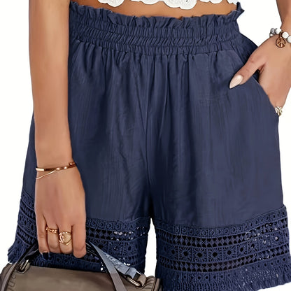Solid Tassel Hem Loose Shorts, Vacation Paper Bag Waist Summer Shorts, Women's Clothing