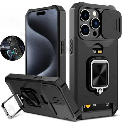 Retro PVC Phone Case with Sliding Camera Slot and Ring Stand