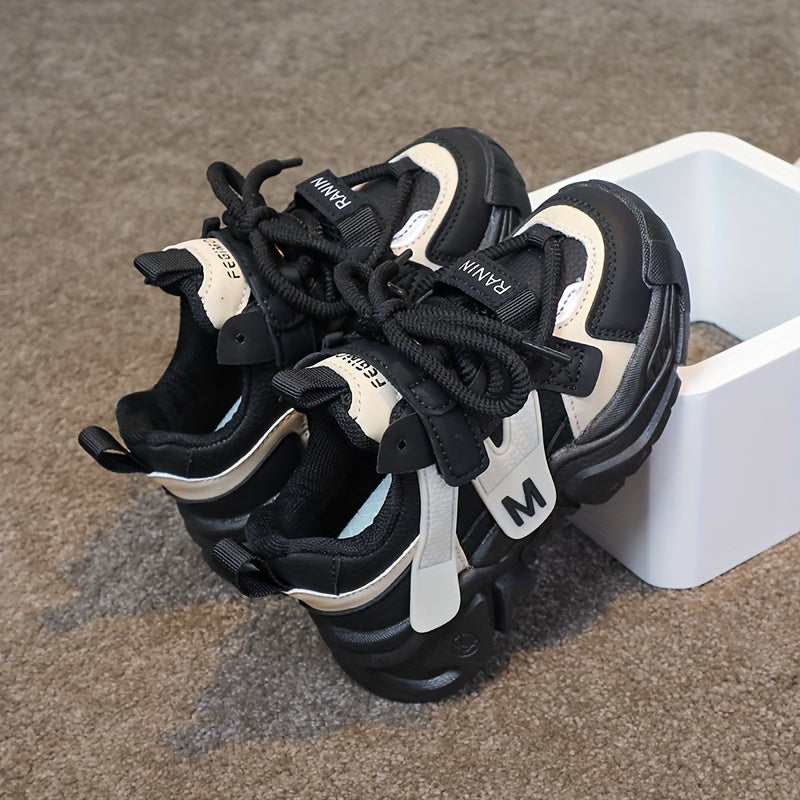Kids' Chunky Sneakers - Breathable Mesh Running Shoes with Hook-and-loop Fastener Straps, Black & Brown Design for Boys & Girls, Casual & Sporty Style, All-Season Wear, Cute Shoes