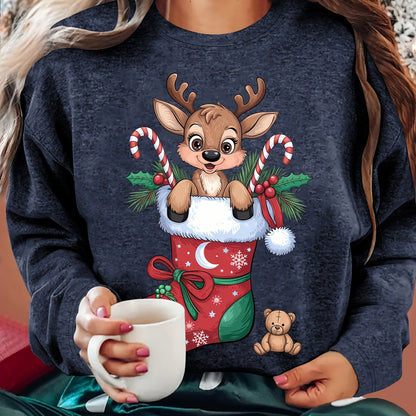 Women'S Christmas Sweater - Soft Pink Holiday Party Top with Deer in Santa Hat & Candy Cane Graphic, Cozy Long Sleeve Shirt for Christmas, New Year'S Eve, Everyday Winter Outfits - Sizes S-XXL (Extended Sizes Available) - Non
