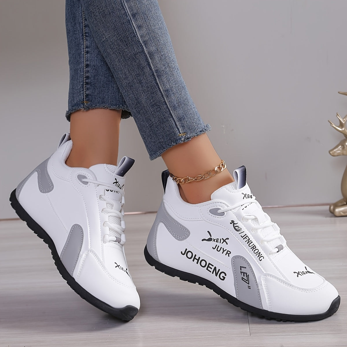 Women's Lightweight Breathable Low-Top Sneakers - White & Black Contrast Synthetic Cover & Fabric Upper, All-Season Casual Shoes with Cushioned Comfort & Durable Rubber Sole, Ladies Sneakers