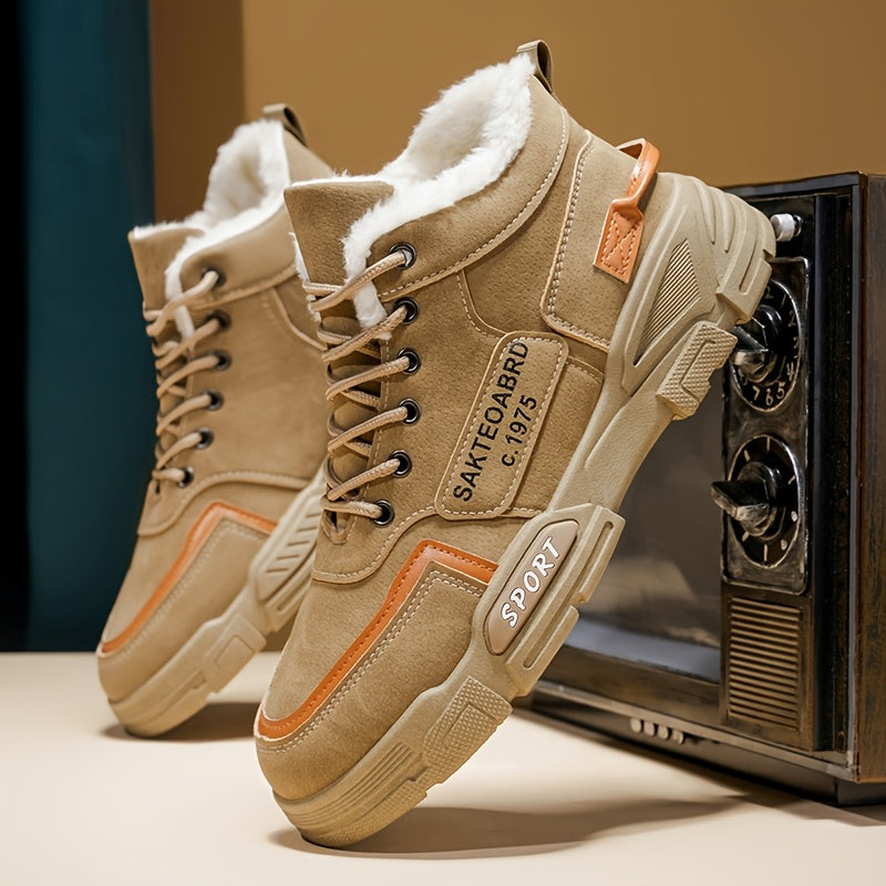 Mid-Top Fleece-Lined Comfortable Warm Gripper Sole Casual Winter Boots for Men and Women, Striped Design. Suitable for Extreme Cold Weather Snowy Conditions with Thick Insulation Lace Closure Anti Slip Durable PVC Outsole Hun