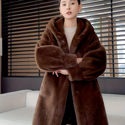 Women's Oversized Faux Fur Coat with Plush Collar & Full-Length Fur Trim - Winter Warm A-Line Mid-Length Jacket, Machine Washable Large Size Winter Coat for Women, Elegant Outerwear for Casual & Formal Events (Solid Black, Br