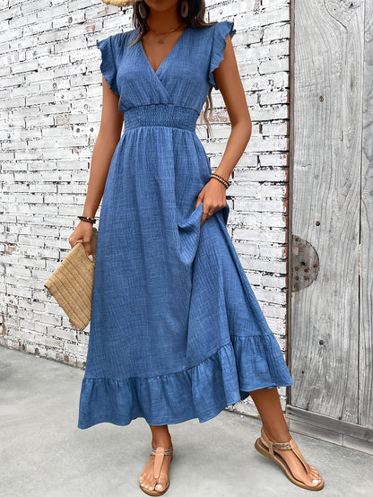 Women's Casual Waist-Cinching Maxi Dress with V-Neck