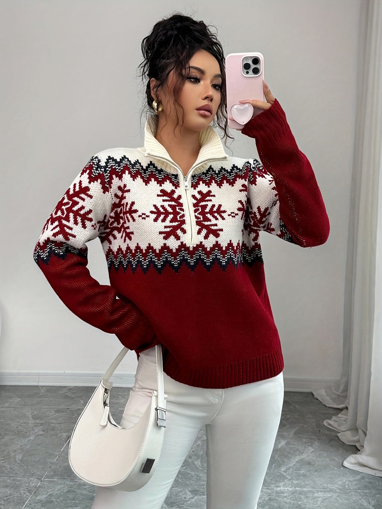 Women's French-Style High Neck Half-Zip Sweater - Christmas Red Winter Blouse bonne for party, Casual & Holiday Outfits - Cozy Fall Winter Sweatershop with half-zip Front & Medium-Stretch Fabric (Hand Washable)