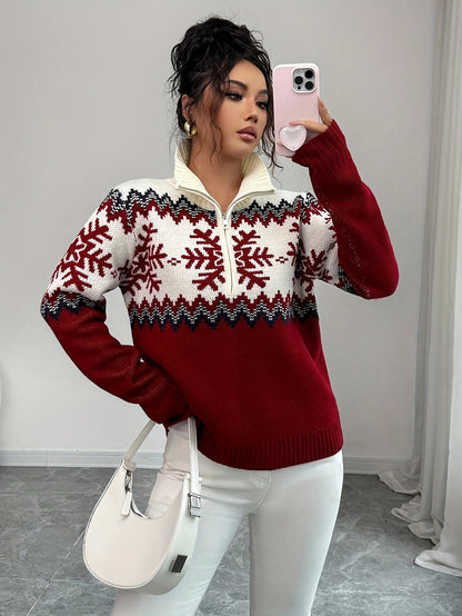 Women's French-Style High Neck Half-Zip Sweater - Christmas Red Winter Blouse bonne for party, Casual & Holiday Outfits - Cozy Fall Winter Sweatershop with half-zip Front & Medium-Stretch Fabric (Hand Washable)