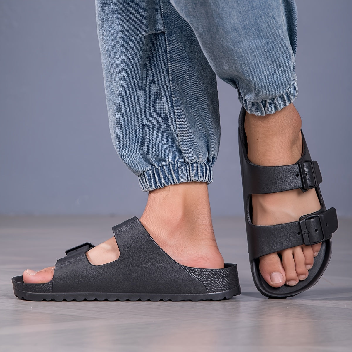 Men's Casual Slide Sandals with Dual Adjustable Buckles
