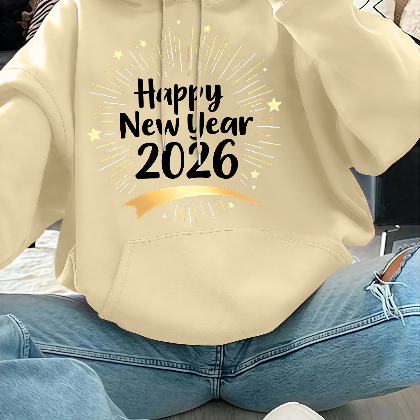Women'S Pink "Happy New Year 51.46meter Print Hoodie - Cozy Casual Pullover with Golden Glittery Lettering, Long Sleeves, and Drawstring Hood, Perfect for Winter Celebrations, Winter Hoodie | Festive Print Hoodie | Stretchy F