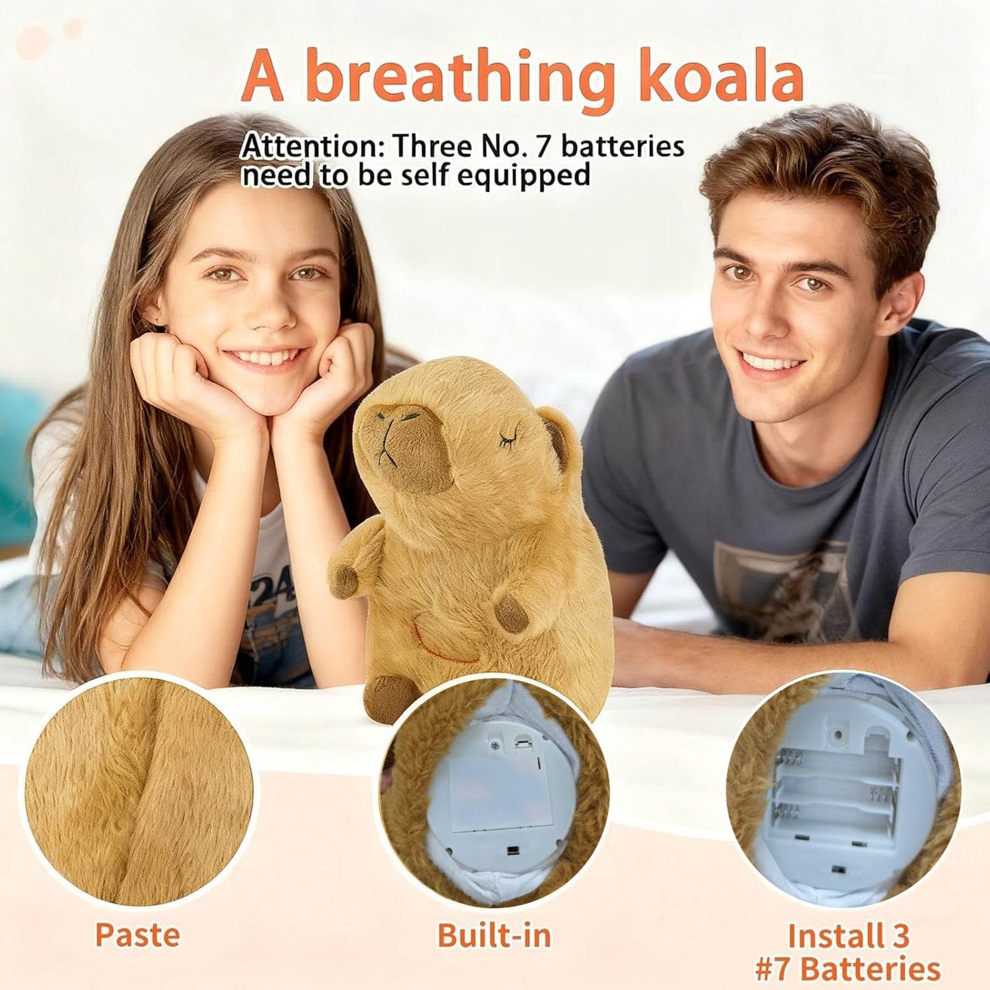 Շնչող փափուկ խաղալիք՝ կապիբարա, իրատեսական շնչառական շարժումներով և հանգստացնող երաժշտական ​​լույսերով։ Փափուկ խաղալիք, որը կատարյալ է ծննդյան նվերների համար՝ թե՛ մեծահասակների, թե՛ երեխաների համար։