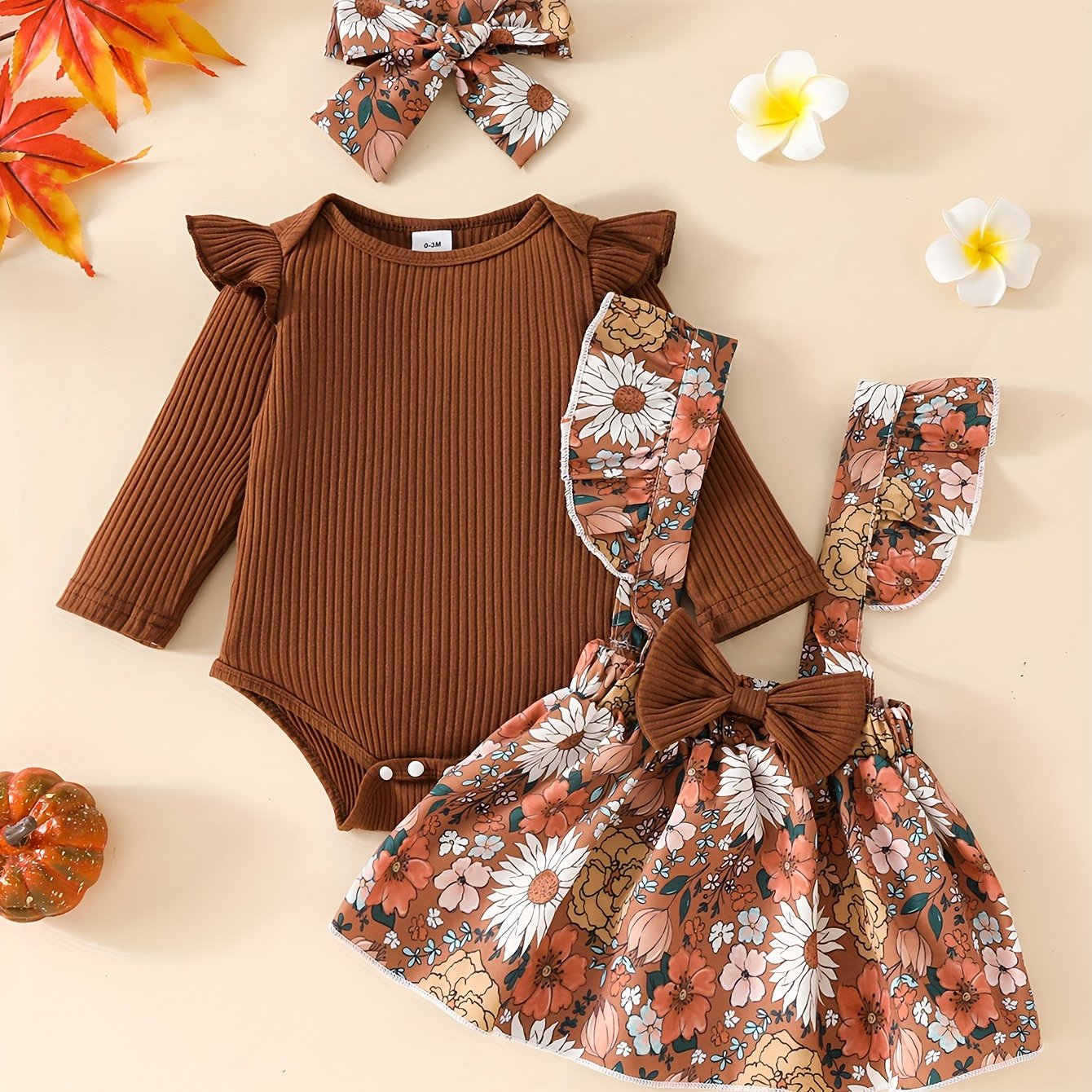 2pcs Cute Little Girl Flower Print Long Sleeve Flying Sleeve Ha Ha Shirt 0 Months-24 Months Baby Dark Buckle Collar Triangle Climbing Suit Spring and Autumn Clothes + Fashion Baby Carrier Skirt Long Does Not Include Shoulder