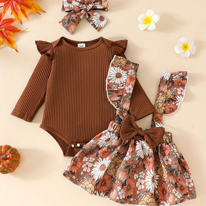 2pcs Cute Little Girl Flower Print Long Sleeve Flying Sleeve Ha Ha Shirt 0 Months-24 Months Baby Dark Buckle Collar Triangle Climbing Suit Spring and Autumn Clothes + Fashion Baby Carrier Skirt Long Does Not Include Shoulder