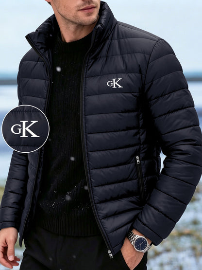 Men's Stand Collar Padded Coat with Letter Print for Fall/Winter