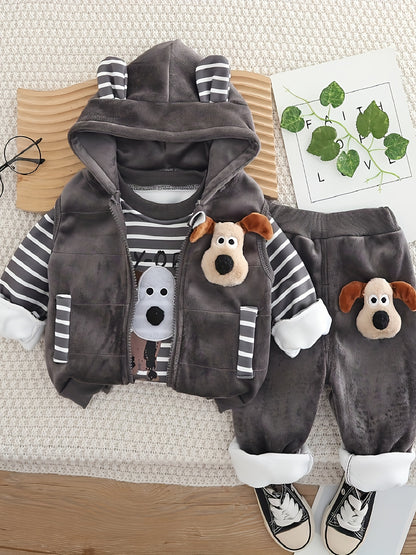 BABICOLOR-ի ձմեռային 3 հատ շան նախշերով գլխարկով բաճկոնի և տաբատի հավաքածու - տաք, ազատ հագուստ, ձմեռային հագուստ առաջին լուսանկարահանումների համար, առօրյա ցուրտ եղանակի վերնազգեստ, իդեալական է բացօթյա օգտագործման համար