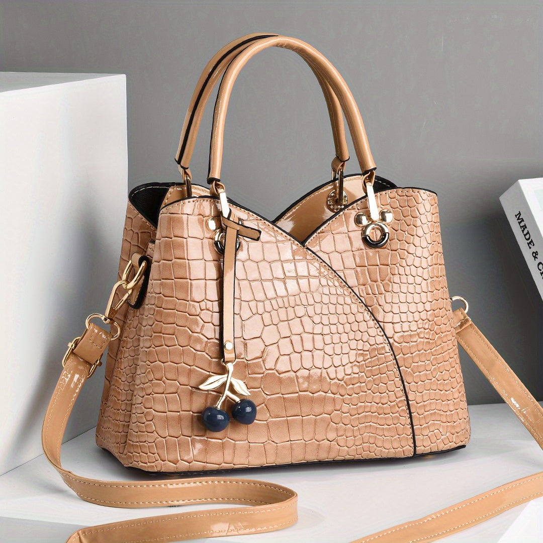 2022 Newest Trendy Women'S Faux Crocodile-Texture Handbag with Cherry Pendant - Stylish Black And Red Shoulder And Handbag, Zip Closure, Polyester Lining, Edge Paint Detail, Handbag|Chic Handbag|Zippered Bag