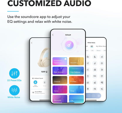 Soundcore by Anker Q20I Hybrid Active Noise Cancelling Headphones, Wireless Over-Ear Bluetooth, 40H Long ANC Playtime, Hi-Res Audio, Big Bass, Customize via an App, Transparency Mode (White)