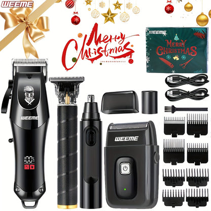 WEEME 4pcs Professional Hair Clipper Set for Men, Cordless Barber Clippers and Trimmer Kit, Electric Beard Trimmer and Nose Trimmer, Foil Shaver Grooming Tools, Luxury Christmas Gift Set for Him (Black) - ayq