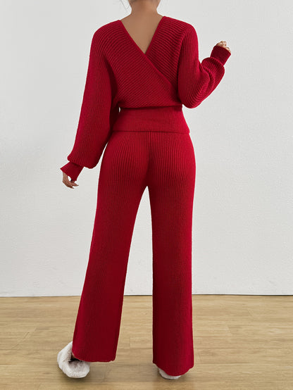 Կանացի աշնանային ձմեռային սվիտեր, V-աձև դեկոլտեով, անթև, պուլովեր և լայն տաբատ, էլեգանտ երկու մասից բաղկացած հավաքածու